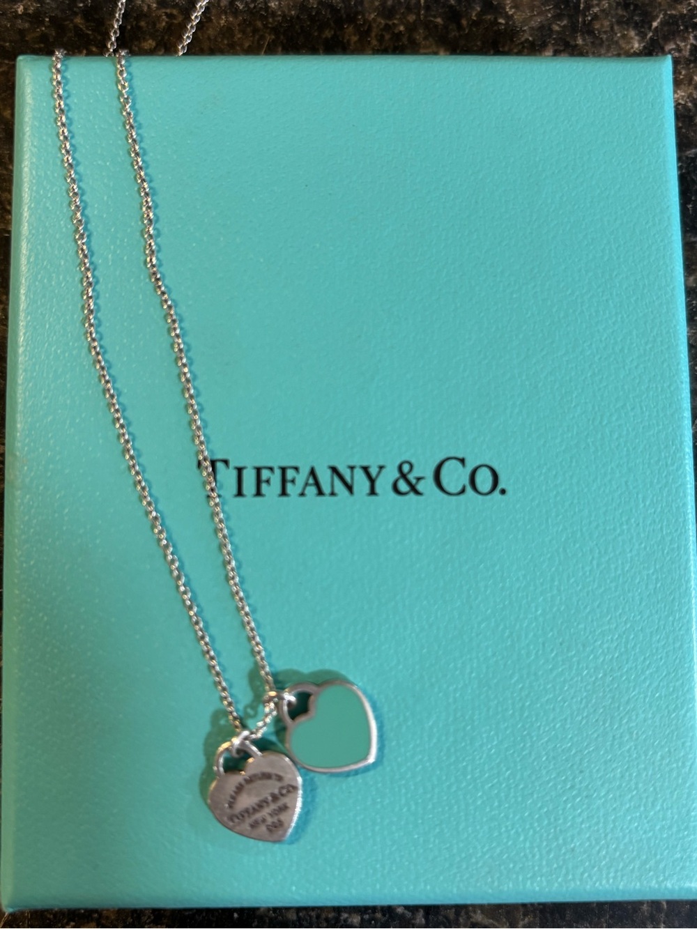 Tiffany & Co. Silver Double Heart Necklace with Tiffany Teal Enamel